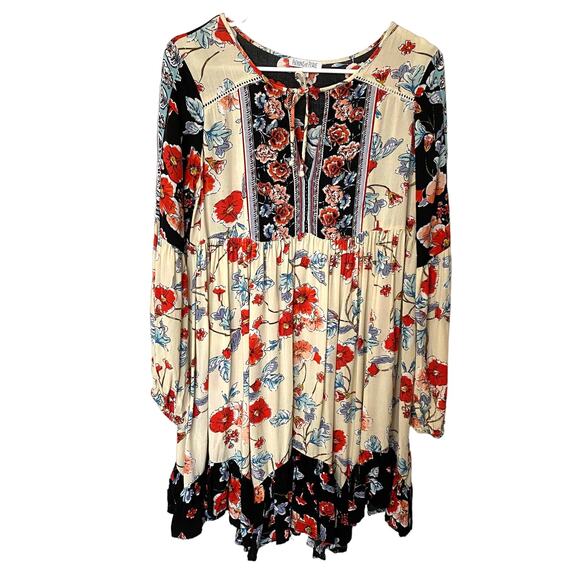 Patrons of Peace Wms S Floral Tie Neck Dress Ruffled Border Boho Cottagecore - Picture 1 of 9